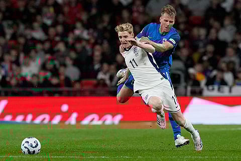 UEFA Nations League, England vs Finland: England's Anthony Gordon is challenged by Finland's Rasmus Schuller